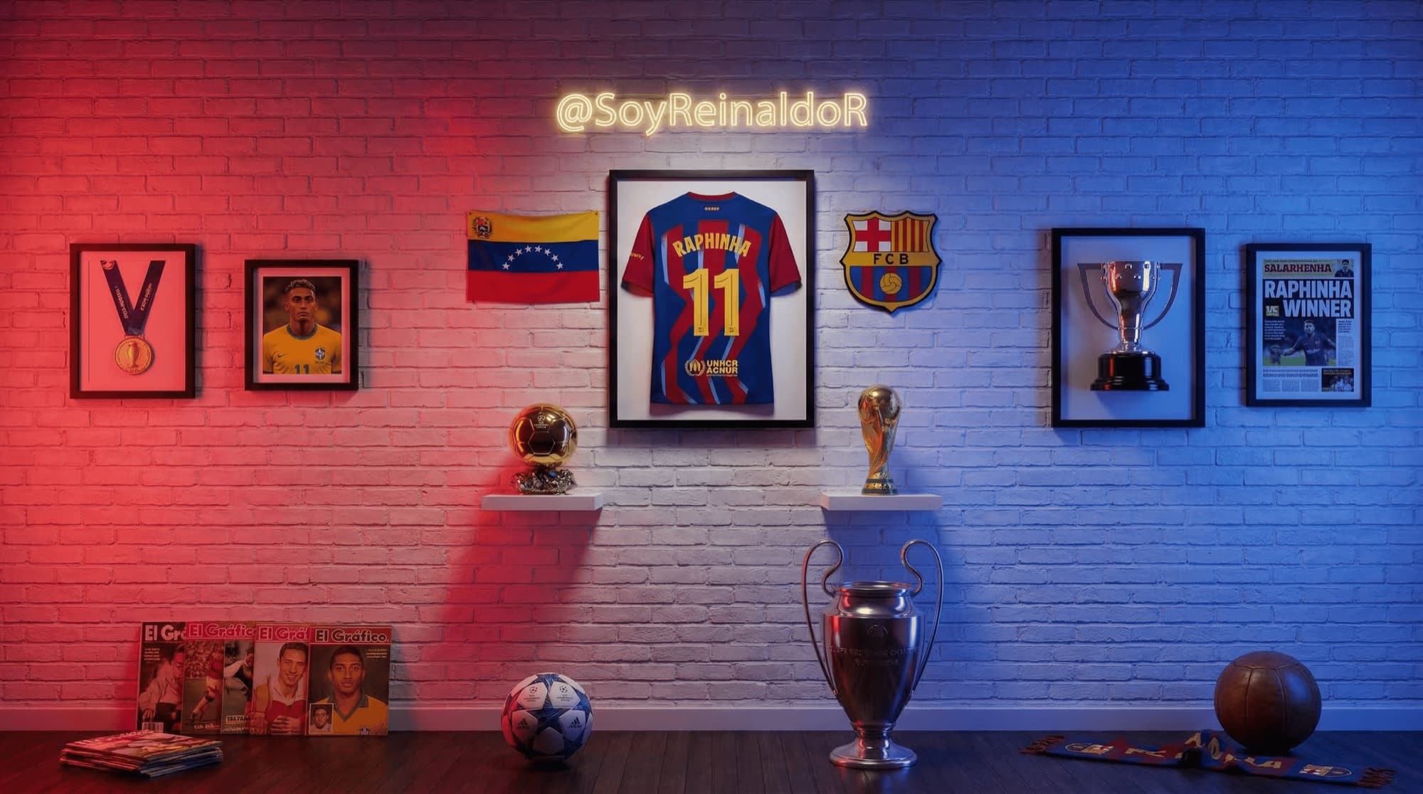 Set de SoyReinaldoR con trofeos del Barça, camiseta de Raphinha, balón de oro y copa de Champions